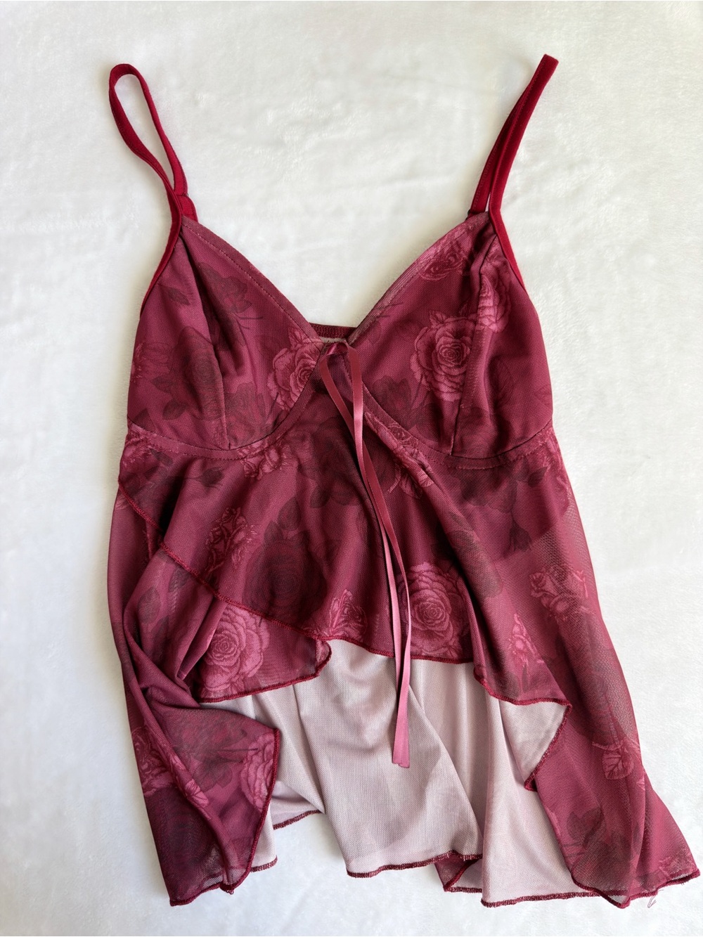 Sheer Floral Lace Chemise Camisole - Burgundy